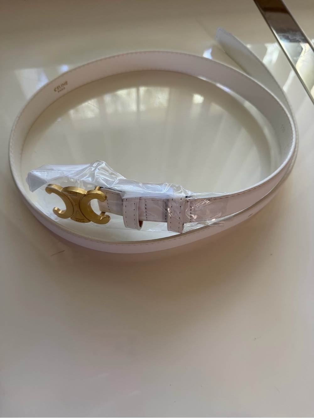 White Leather Belt with Gold Double C Buckle